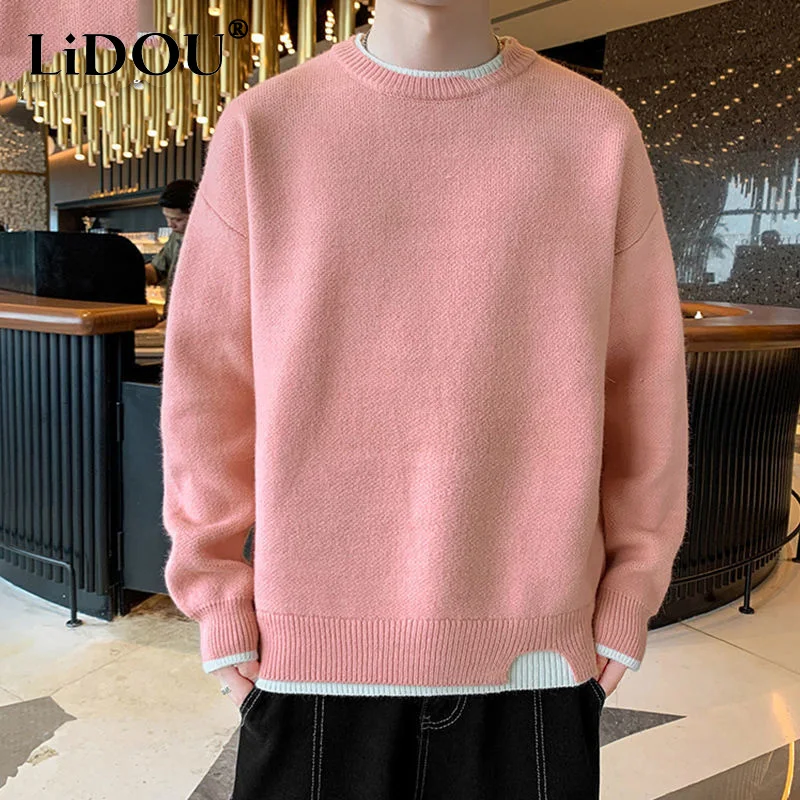 2023 Spring Autumn New Solid Color Fashion Round Neck Long Sleeve Sweater Man Loose High Street Screw Thread All-match Pullovers