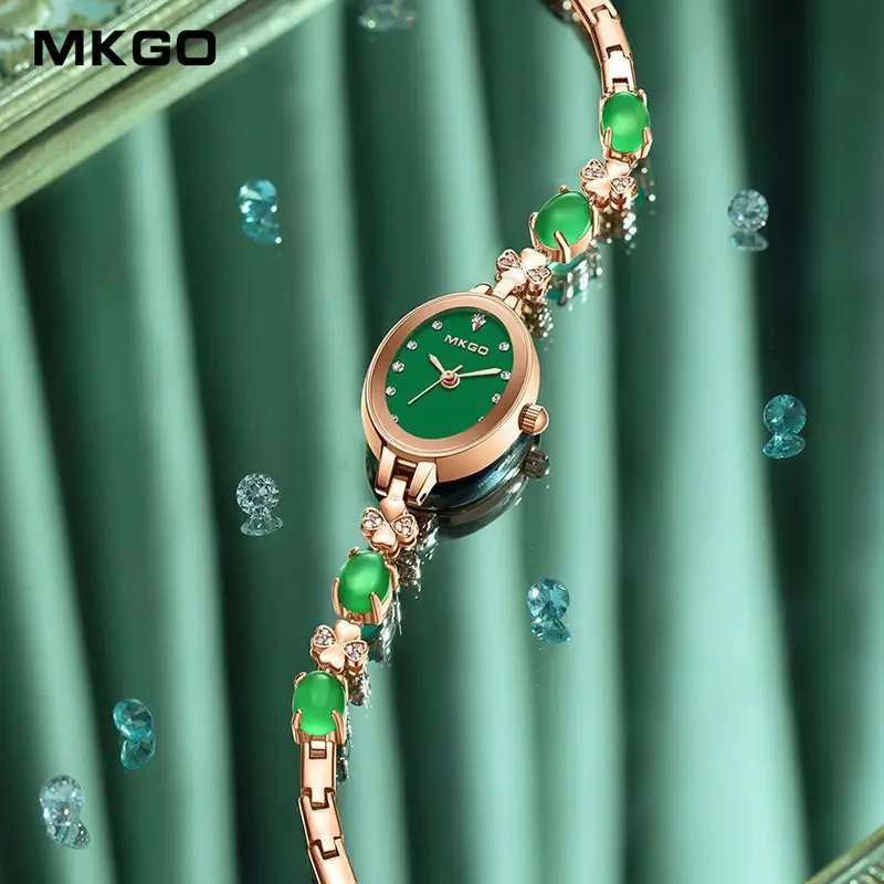 MKGO jam tangan gelang Quartz wanita, jam tangan hadiah 30M tahan air Premium indah kristal zamrud