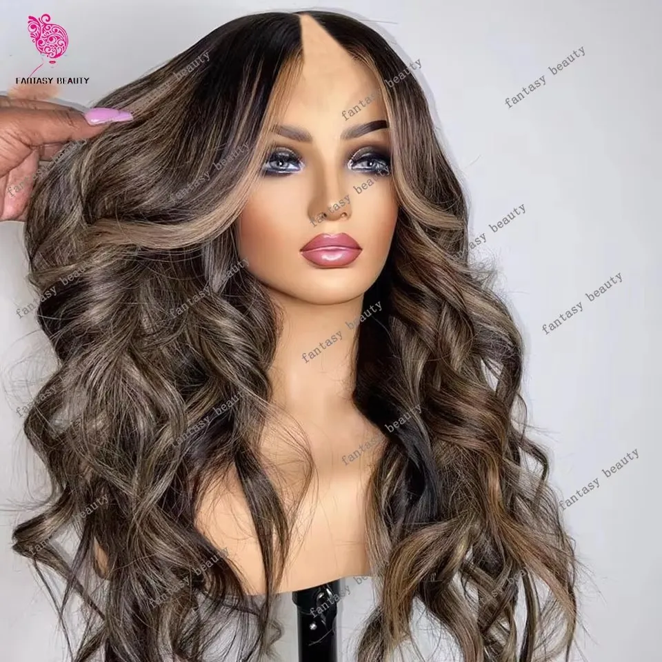 

Highlight Honey Golden Blonde V Part Wig 100% Human Hair Wig Loose Wavy Ombre Chocolate Brown Cheap Body Wavy Full U Shape Wigs