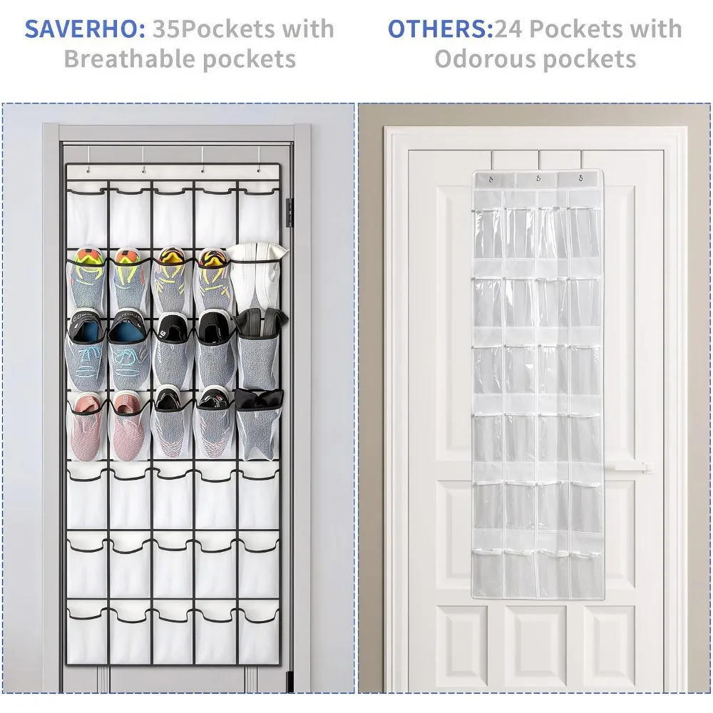 35 Pockets Over Door Shoe Organizer, Hanging Storage with Mesh Pockets, Large Capacity, 4 Metal Hooks, White view 6