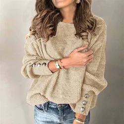 Women Pullover Sweaters Autumn Winter Tops Button Design Knitted Turtleneck Sweater For Women's Loose Tops Female Jumpers