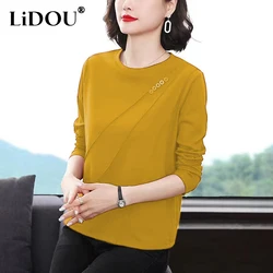 2023 Spring Autumn New Solid Color Fashion Round Neck Long Sleeve T-Shirts Women Casual Loose Button Elegant All-match Pullovers