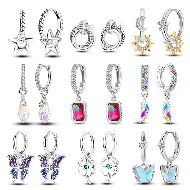 925 Sterling Silver Butterfly Crystal Star Earrings Colorful Feather Hoop Earrings For Women Wedding Engagement Birthday Gift