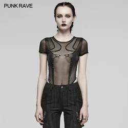 PUNK RAVE Women's Punk Sexy Elastic Mesh Splicing Bodysuit Detachable Snap Black Tops Women Clothes Summer