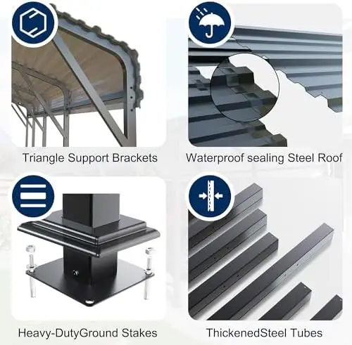 10x15 FT Metal Carport Canopy with Reinforced Base | Heavy Duty Car port, Outdoor Galvanized Steel Garage Shelter for