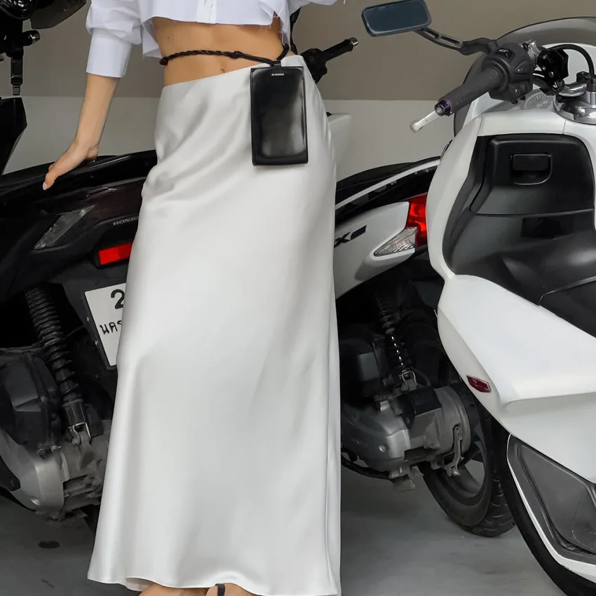 White Silk Skirt High Waist Long Skirt Women Temperament Slim Wrap Hip Midi Skirt Autumn Winter Clothes Streetwear Satin Skirt