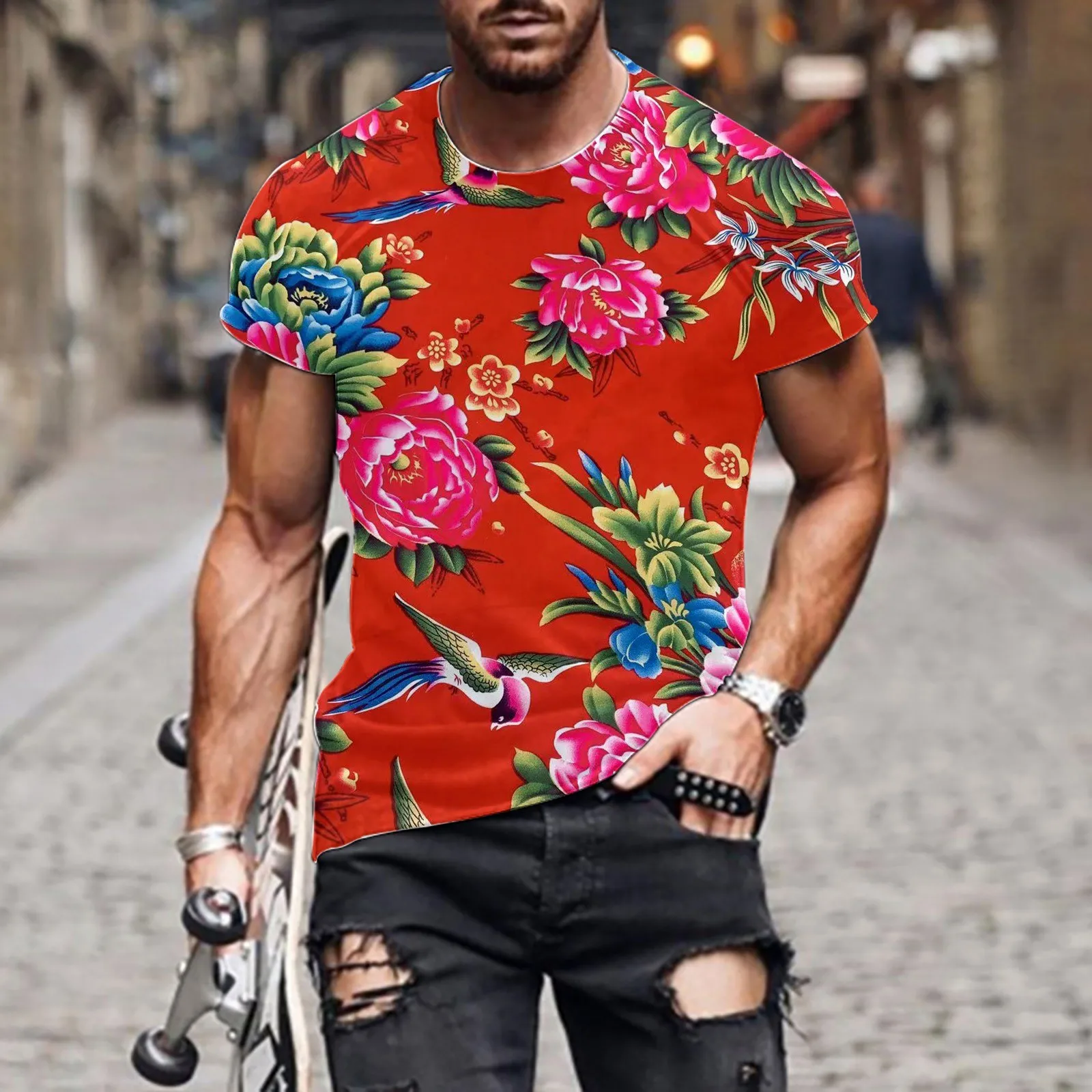 Men's Northeast Big Flower Pattern Tee Shirt Summer Casual Print Short Sleeve Round Neck 2024 Popular New Street Pullovers Tops