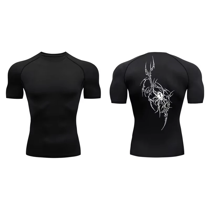 Spider Print Short Sleeve Compression Shirts for Men Summer Athletic Quick Dry T-shirts Gym Workout Running Tees Tops