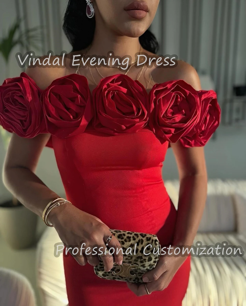 Vindal-vestido de graduación con volantes y hombros descubiertos para mujer, vestido largo hasta el suelo con flores, lujoso crepé de sirena, Manga corta elegante saudí, 2024