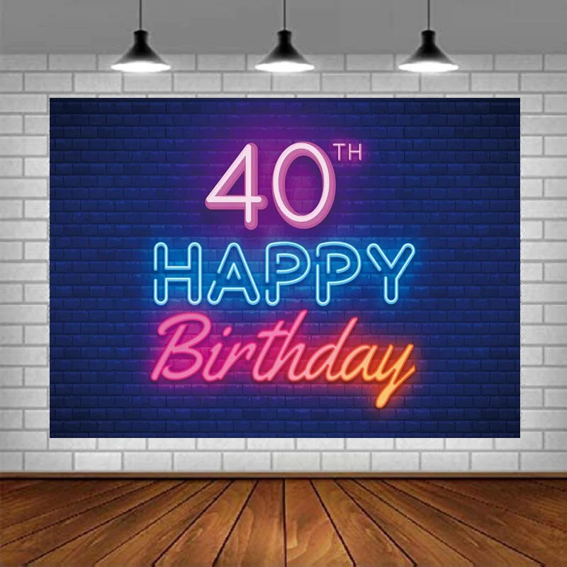 

Glow Neon Happy 40th Birthday Photography Backdrop Party Decor Banner Background Black Colorful Brick Wall For Men Women Supplie