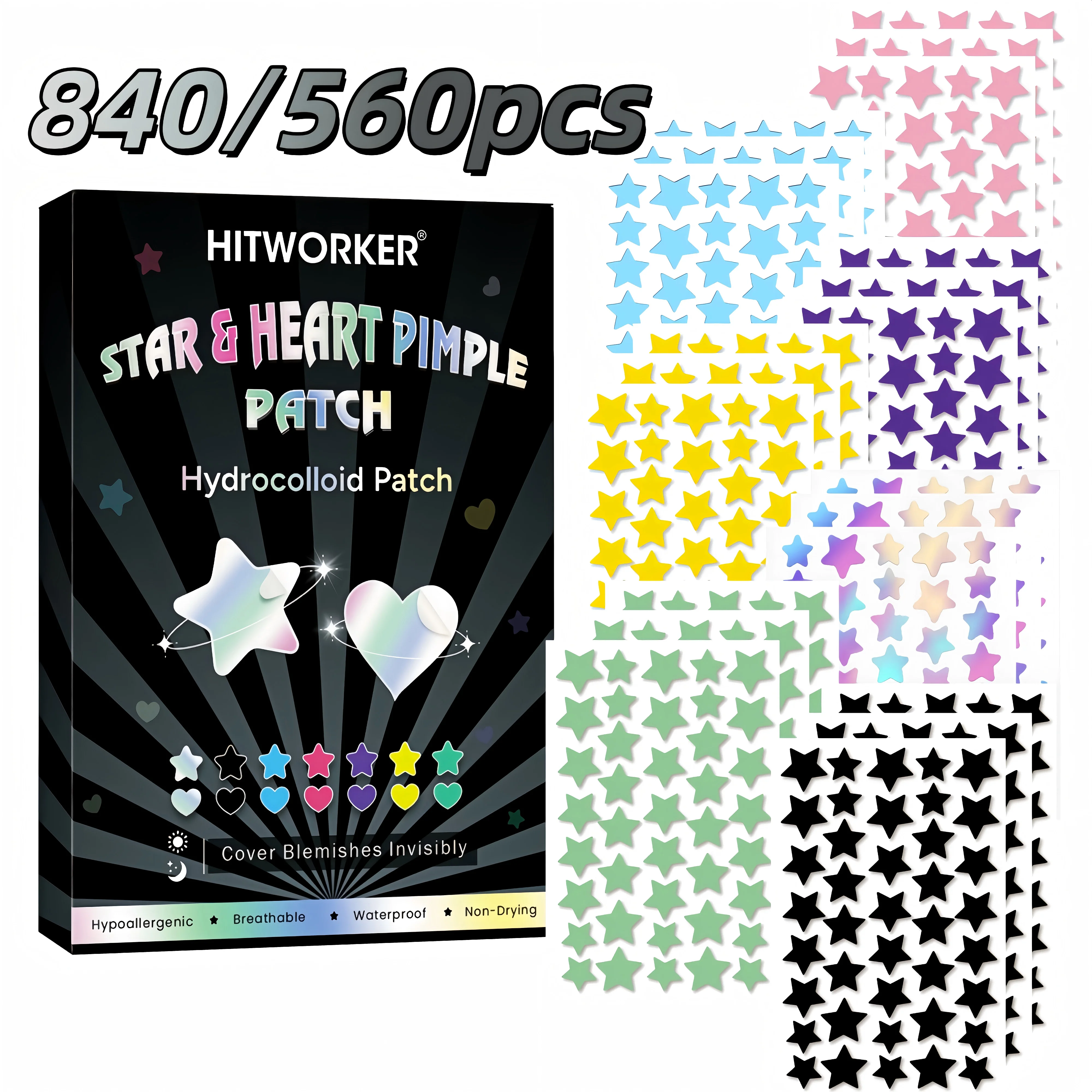 Water based colloidal star shaped 7-color acne patch, 840/560 tablets/box - alcohol free, used to absorb acne secretions