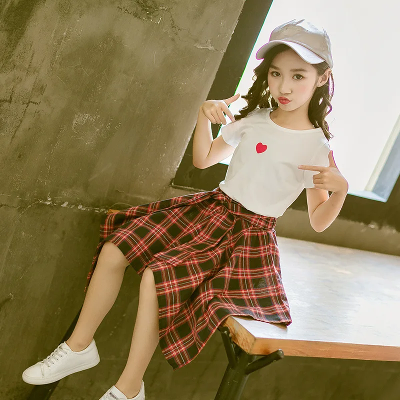 2024 Summer Children Girl 2PCS Clothes Set School Girl Heart Shape T-shirt+Bowknot Plaid Irregular Skirt Set For Girls 4-15Yrs