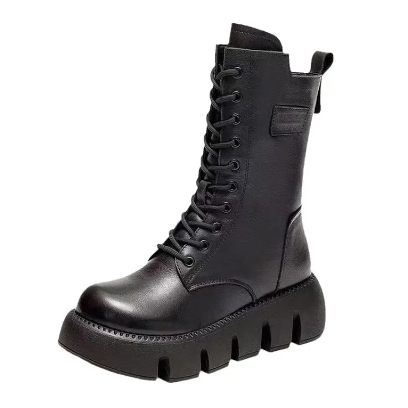 Moda Damskie Skórzane Buty Wysokie Casualowe Bawełniane Buty Pluszowe Ciepłe Buty Zimowe dla Kobiet Antypoślizgowe Buty Platformowe Botas Mujer — zdjęcie 2