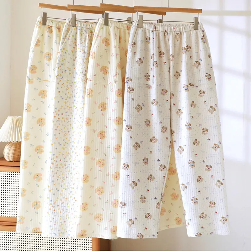 

Женские пижамные штаны, новая свободная одежда для сна из 100% хлопка с принтом, спальные штаны, повседневная осенне-зимняя ночная рубашка, домашние брюки, пижама