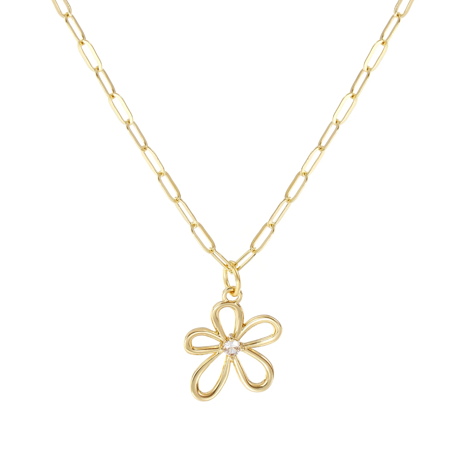 1pc Brass Necklace Gold Color Paperclip Link Chain Flower Hollow Clear Rhinestone Pendant Necklace For Women Party Jewelry Gift