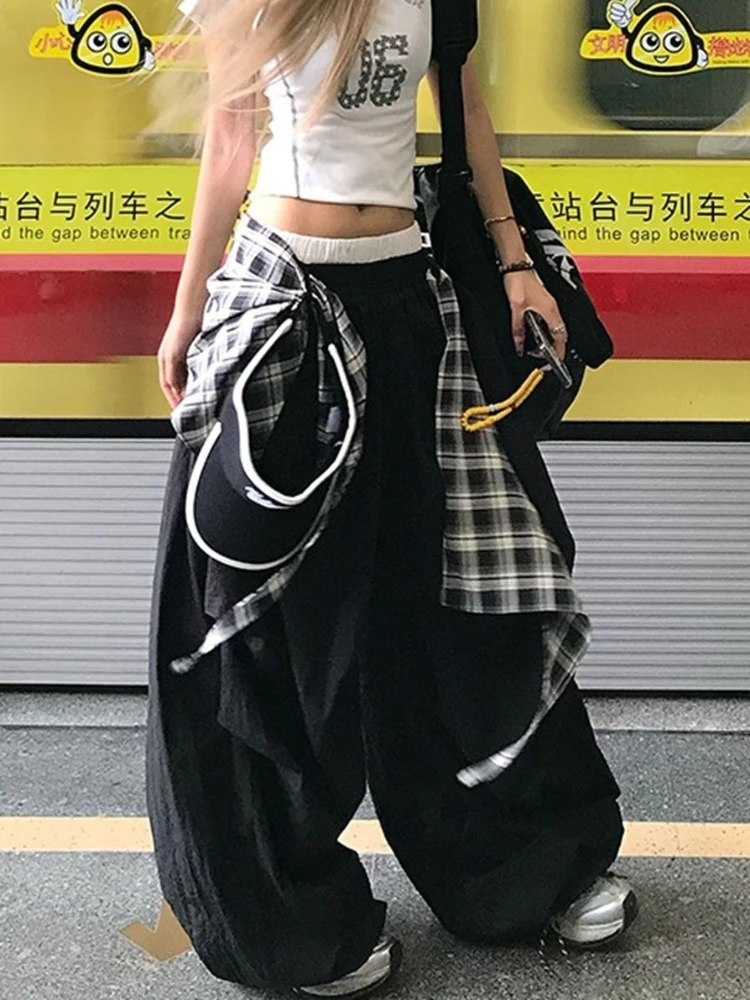 

HOUZHOU Y2k Cargo Pants Women Black Plaid Patchwork Hip Pop Baggy Sweatpants Harajuku Korean Casual Streetwear Wide Leg Trousers