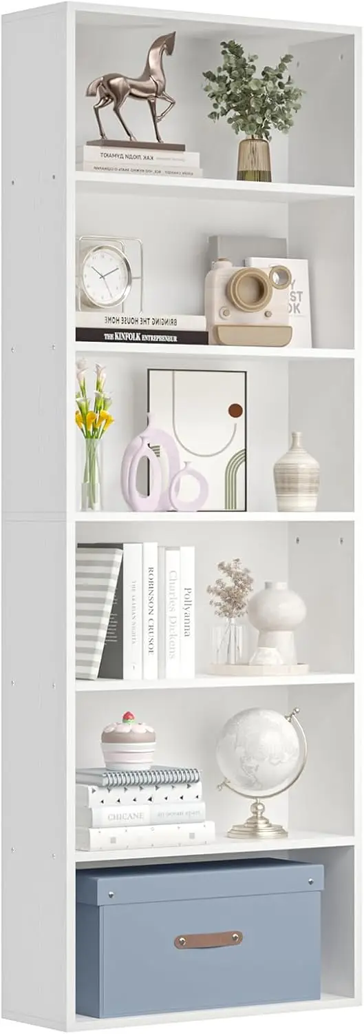 Bücherregal Weiß 6-Ebenen، Regal 20 cm Tief، Bücherschrank، Aufbewahrungsregal، Standregal، Offenes Regal Holz، Bookshelf fazer Wo