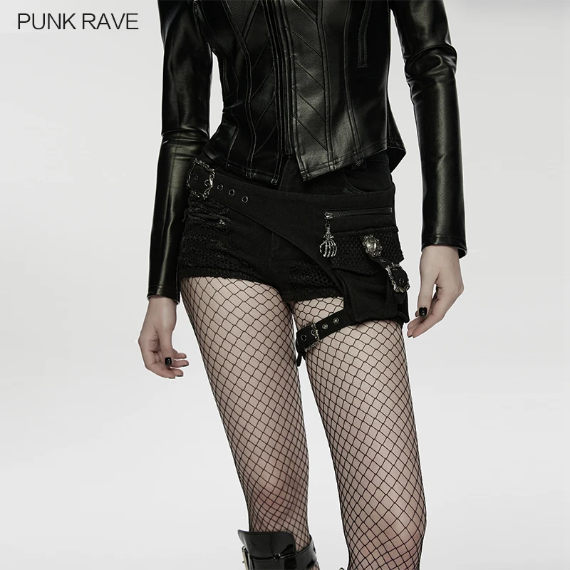 

PUNK RAVE Women's Punk Denim Mesh Tattered Burnt Holes Shorts Detachable Bag Leg Loop Handsome Hardcore Short Pants WK-767NDF