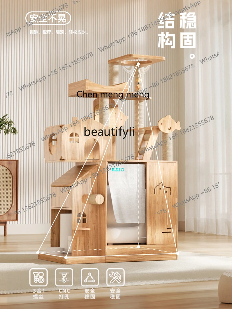 Solid wood cat climbing frame can hold cat litter box, integrated scratching board, household open villa toy cat rack