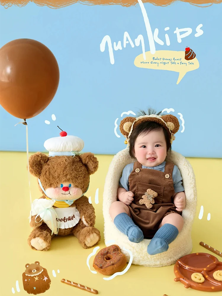 

6-12 Month Infant Cute Chef Bear Photography Theme Baby Costume Kit Bear Ear Headband Furry Teddy Bear Doll Studio Shooting Prop