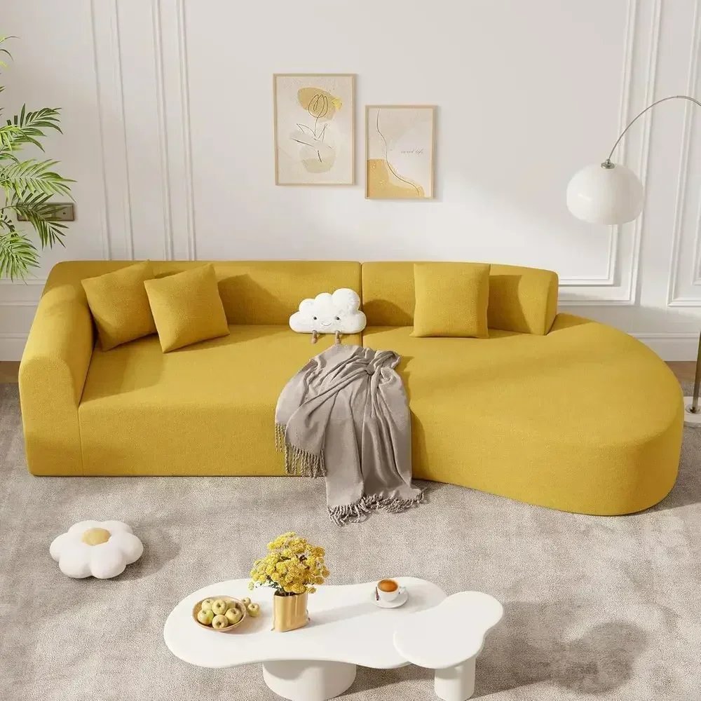 Curved Sectional Sofa with Deep Seating, Yellow Chenille Upholstery, Oversized Living Room Couch, Ready to Use, 1 Piece