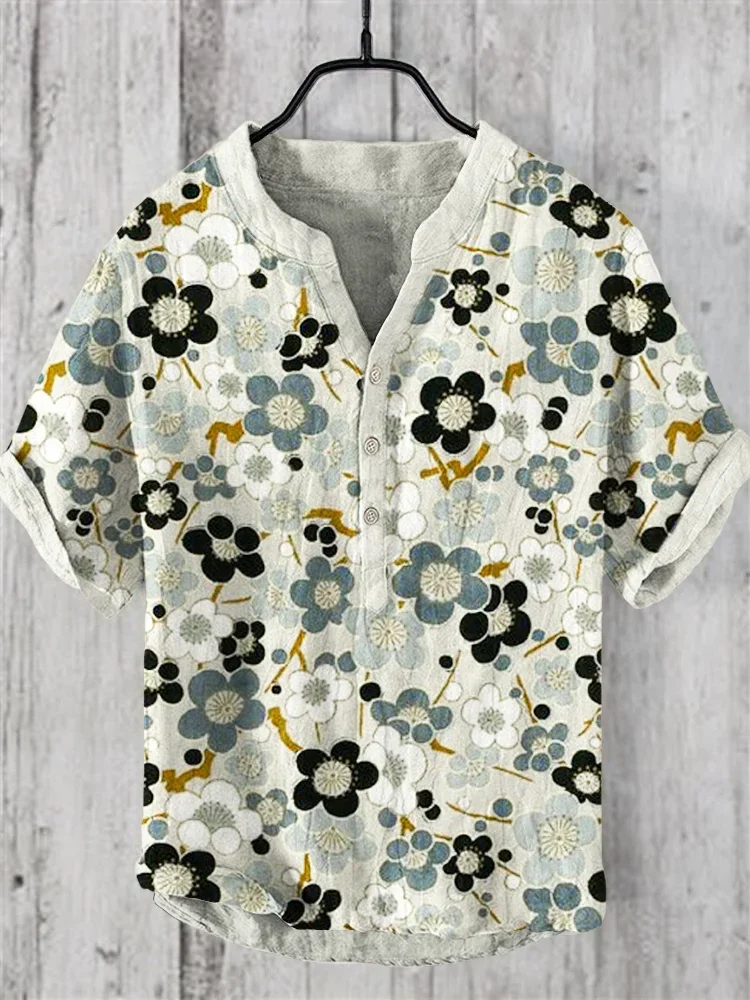 Arte japonesa masculina estampa Henley Vintage, com botões para baixo, camiseta de manga curta, tops com decote em v, roupas casuais, verão