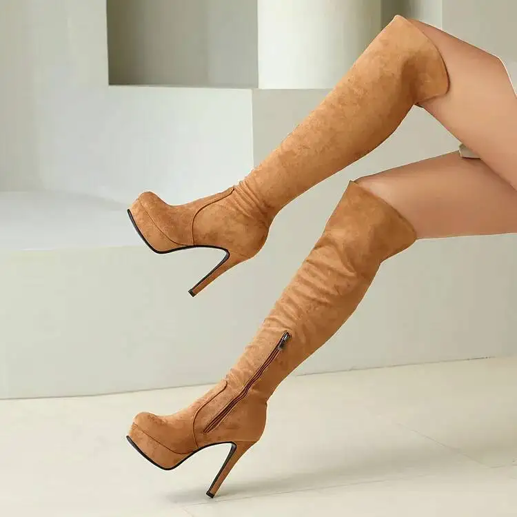

Suede Platform Women's Over The Knee Boots Round Head Sexy Stiletto Heels Long Boots Big Size 34-46