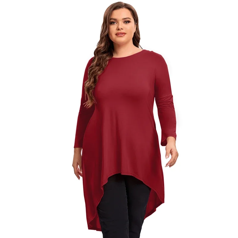 Plus Size Lange Mouw Elegante Lente Herfst Tuniek Tops Vrouwen Lange Hi Low Fit Flare Swing Blouse Grote Maat Losse T-Shirt 6xl 7xl