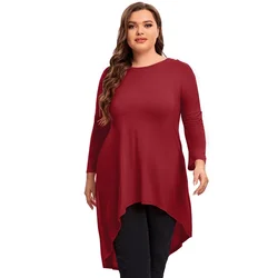 Plus Size Manica lunga Elegante Primavera Autunno Tunica Top Donna Lungo Hi Low Fit Flare Swing Camicetta T-shirt allentata di grandi dimensioni 6XL 7XL