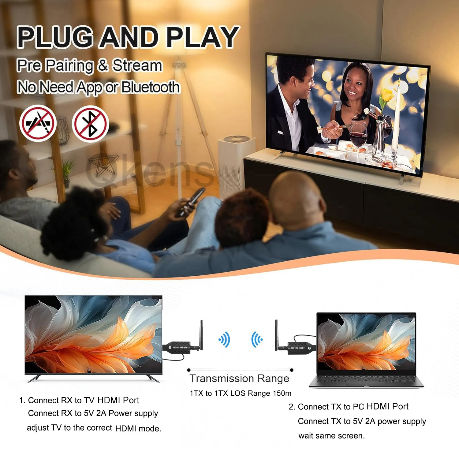 Transmitter dan Receiver Video HDMI Nirkabel 150m 1080p 4K, Extender TV Stick Dongle Adapter untuk PC, Kamera, Laptop ke Monitor TV