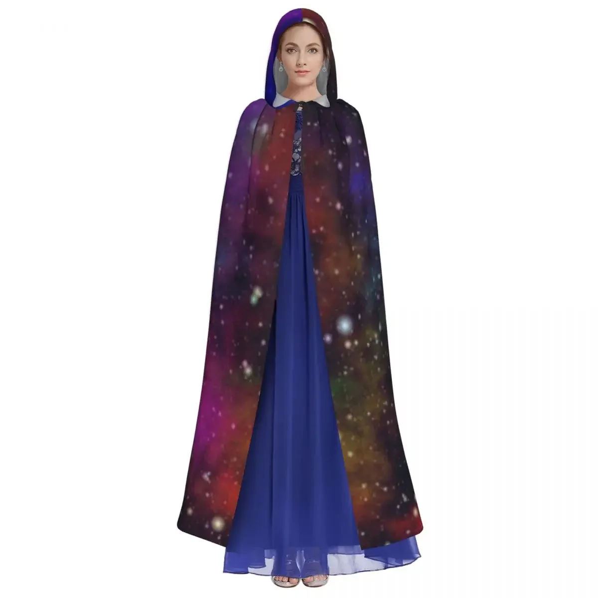 Adult  Cape Hooded Galaxy Nebula Night Starry Sky Medieval Costume Witch Wicca Vampire Elf Purim Carnival Party