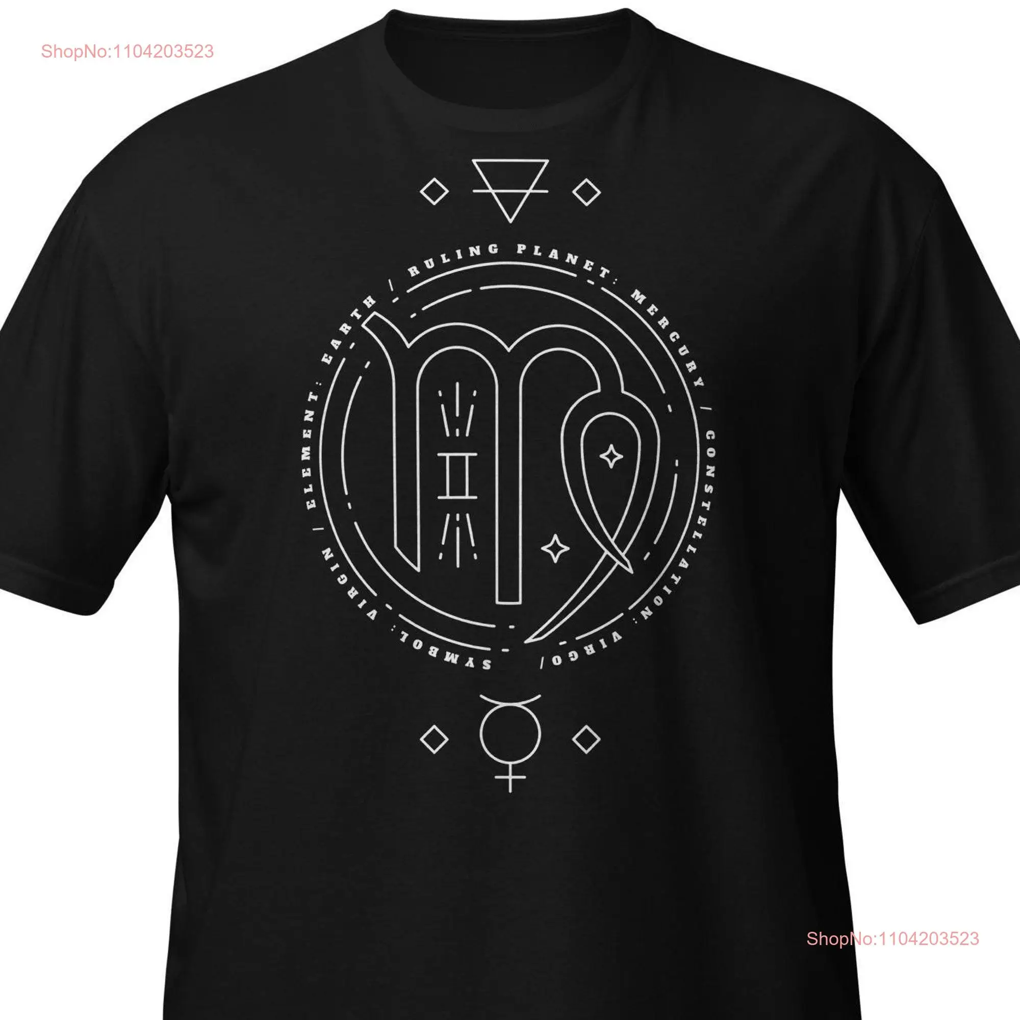 Mystical Virgo T shirt with zodiac symbolism in fine lines elegant esoteric design long or short sleeves