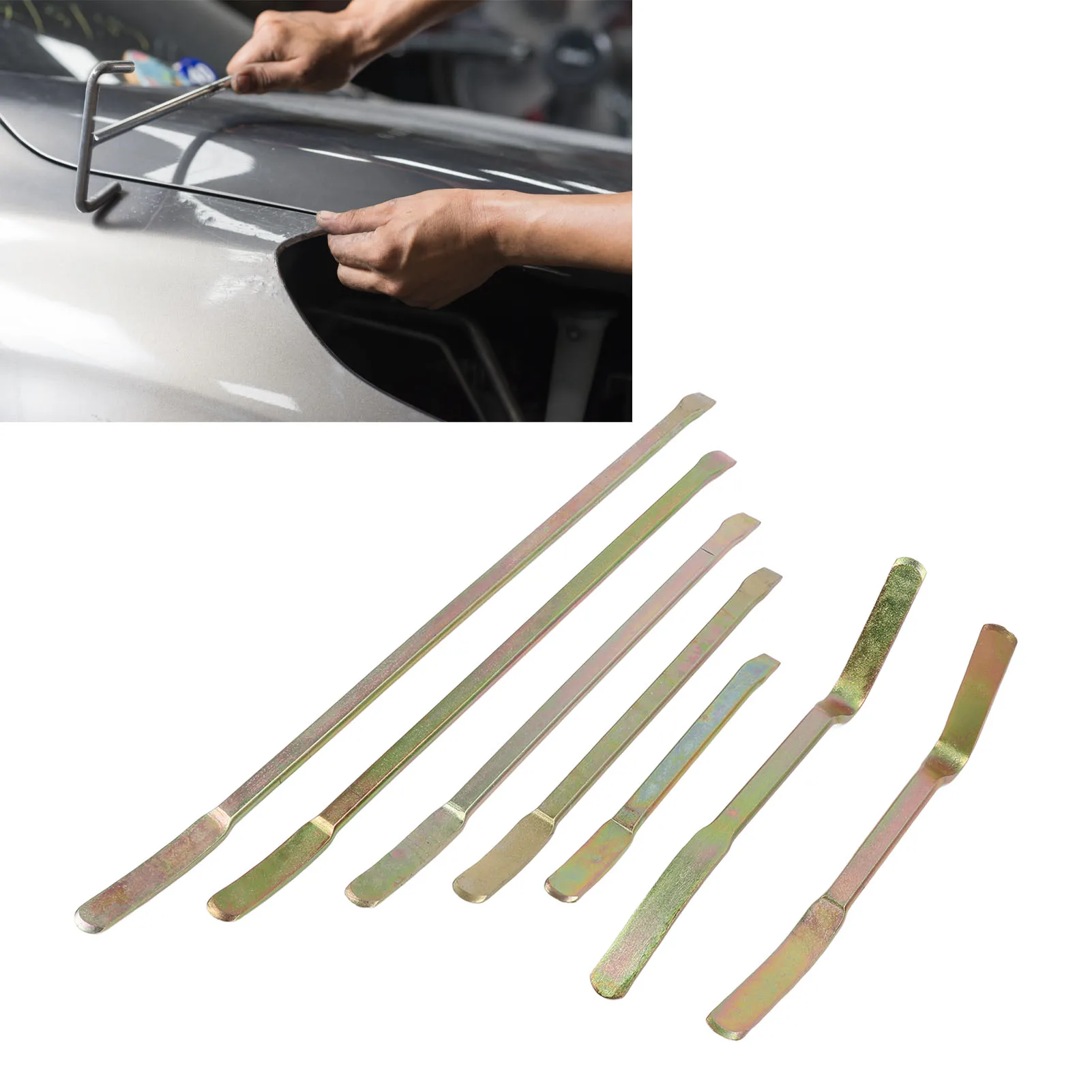 

Набор монтиров для ремонта кузова, 7 шт., сверхмощный инструмент для снятия обшивки панели, стержни для ремонта вмятин на автомобиле для дверных вмятин и повреждений на града