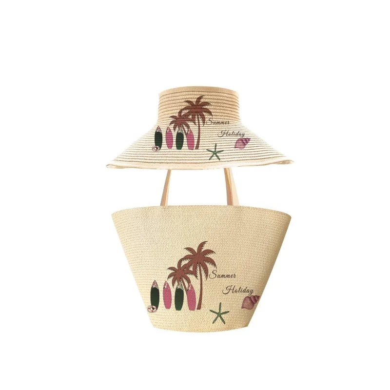New Straw Beach Bag With Matching Foldable Straw Sun Hat For Women Sun Protection Wide Brim Sun Hats Summer Shoulder Bag Set