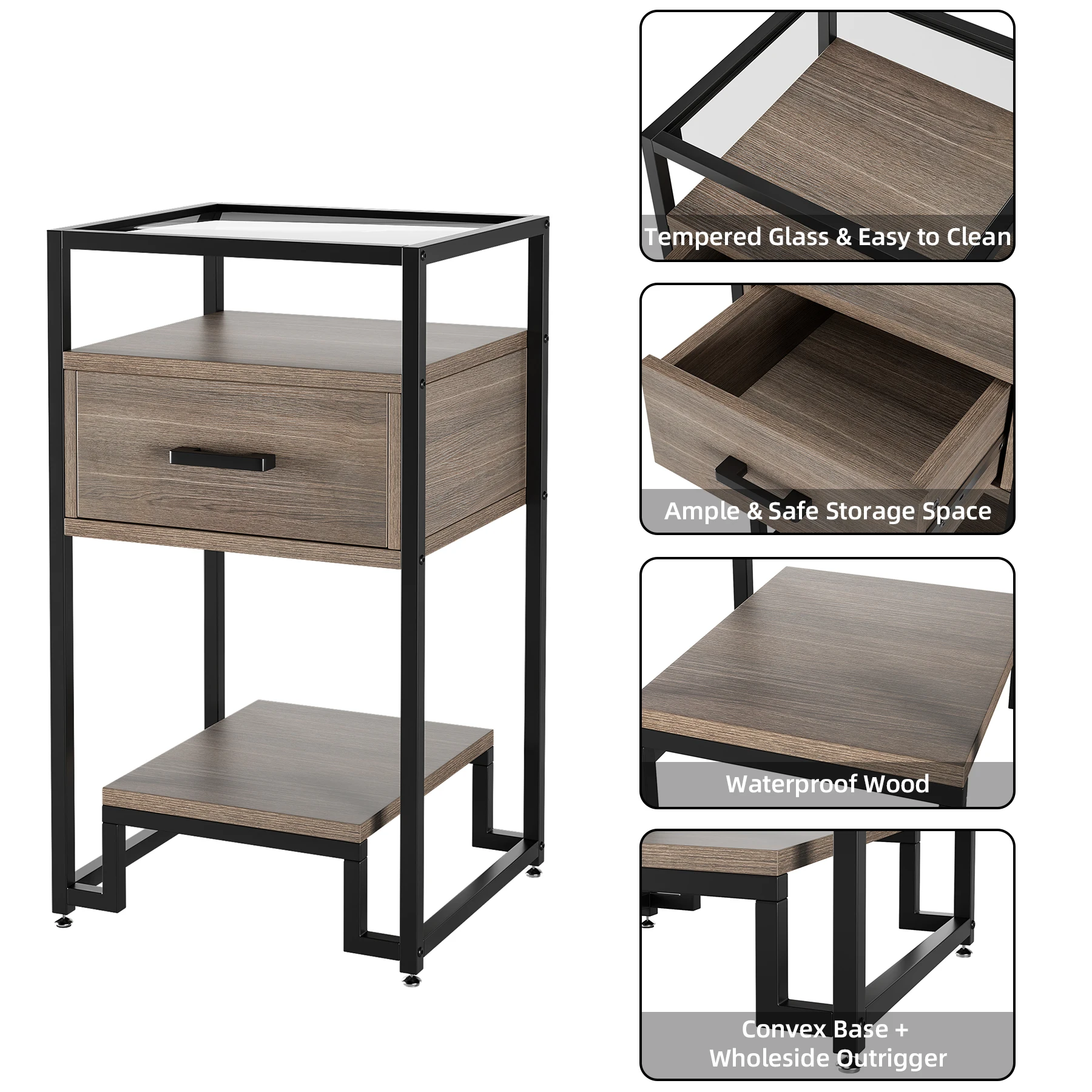 Nightstand End Table with Storage Drawer and 3-Tier Storage & Tempered Glass Top, Bedside Furniture with Steel Frame Side Table