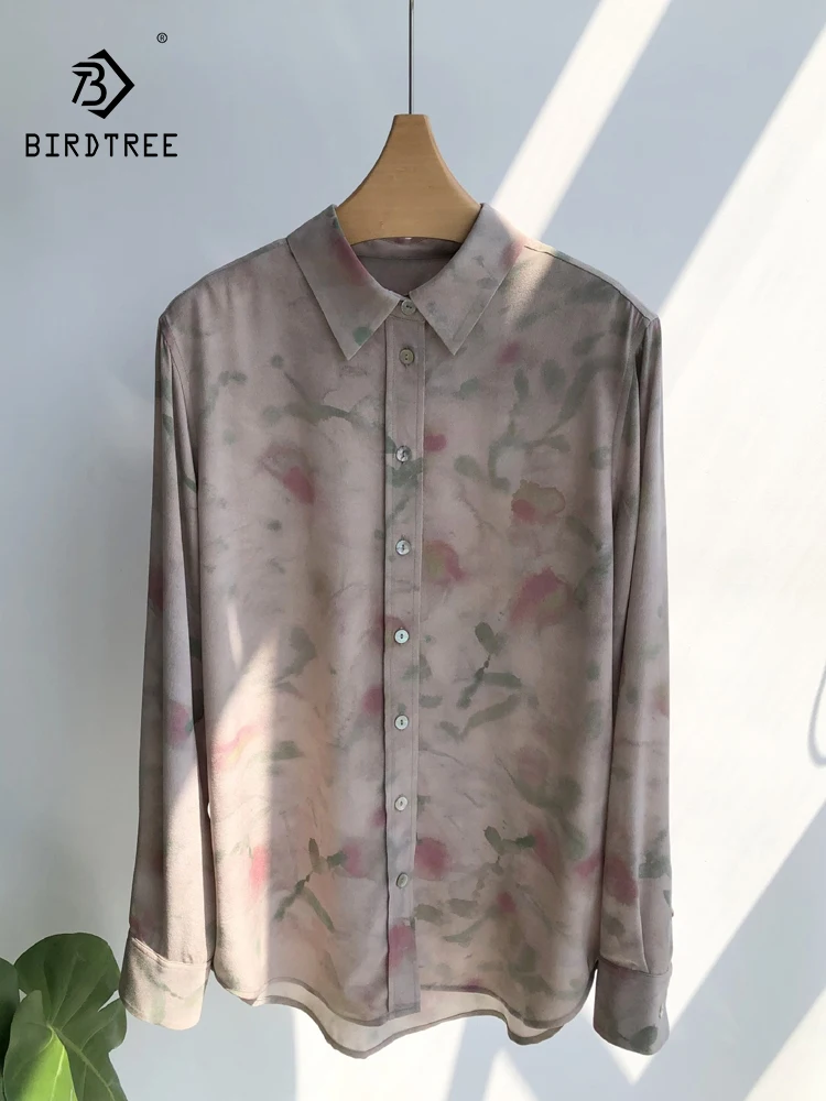 BirdTree 18MM 100%Real Silk Shirt For Women, Long Sleeve Halo Dyeing ,Elegant French Style Blouses, 2024 Spring New Top T41572QC