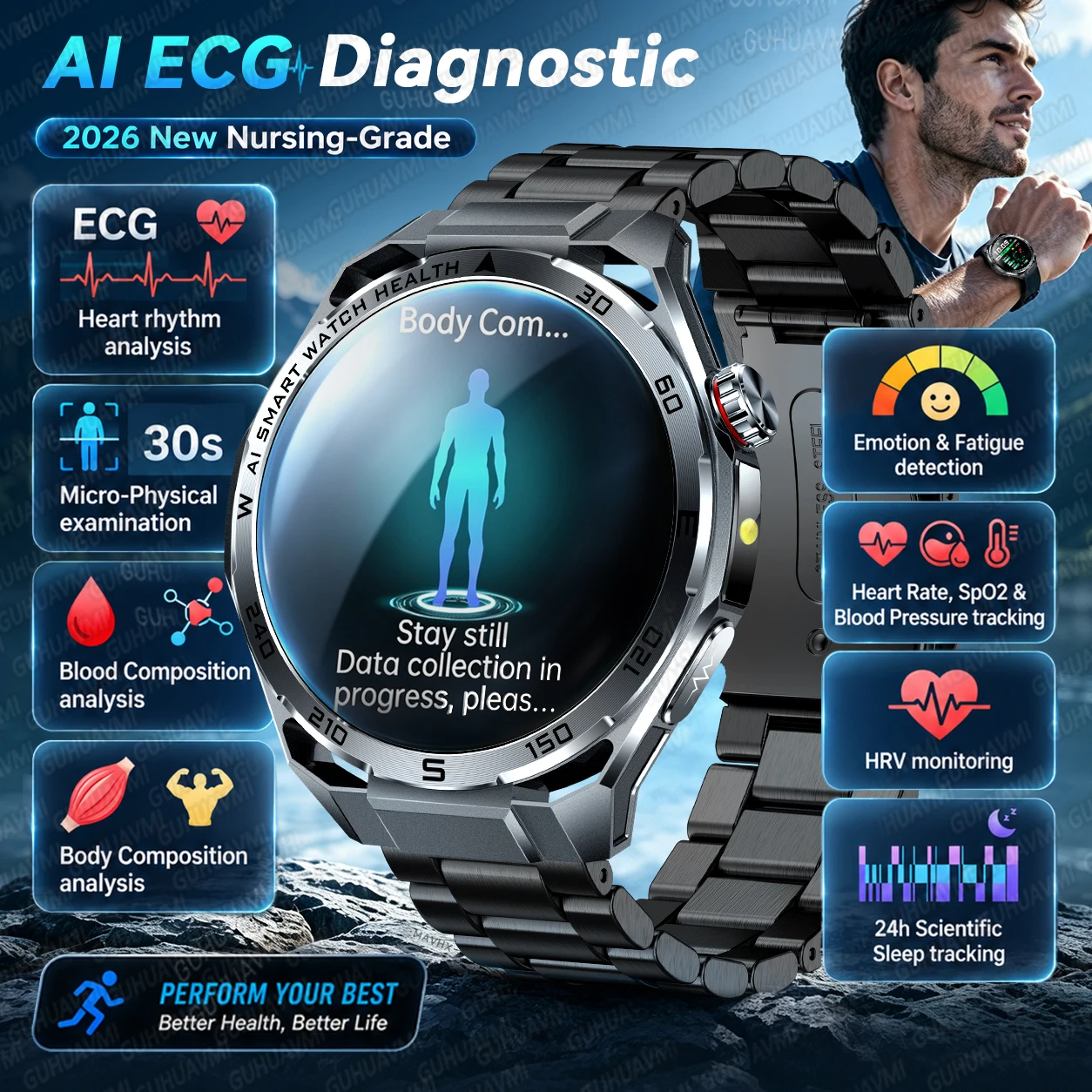 New AI ECG Diagnosis Health Smart Watch Blood Pressure Components Emotion Body Fat Monitor Call Flashlight 100+Sports Smartwatch