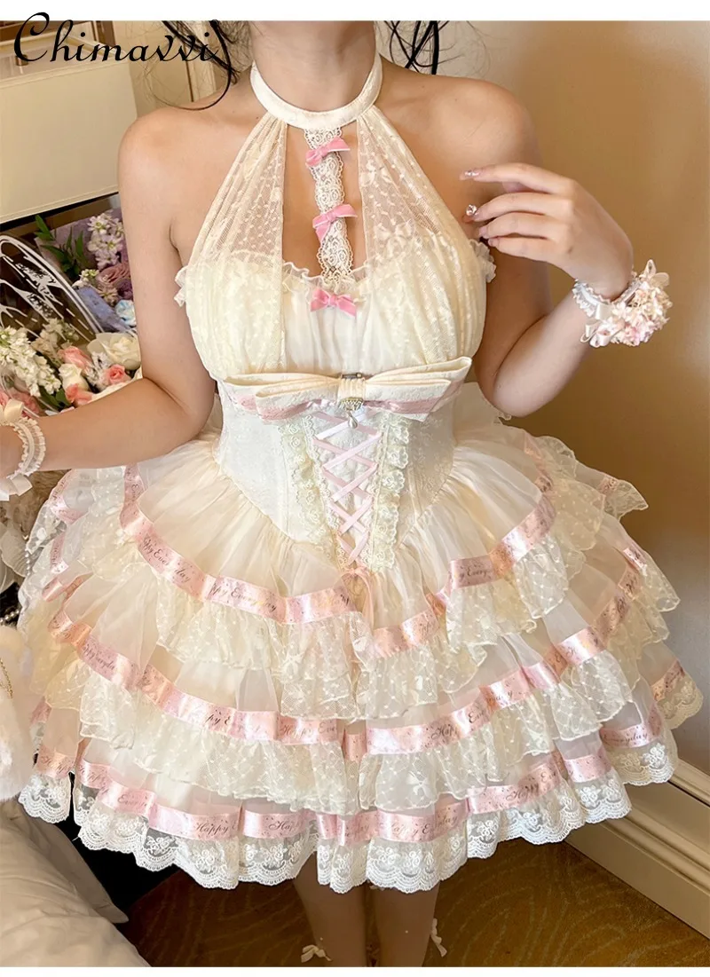 Original Ballet Style Sweet Girl Satin Ribbon Halter Dress Sexy Women Sleeveless High Waist Elegant Party Lolita Princess Dress