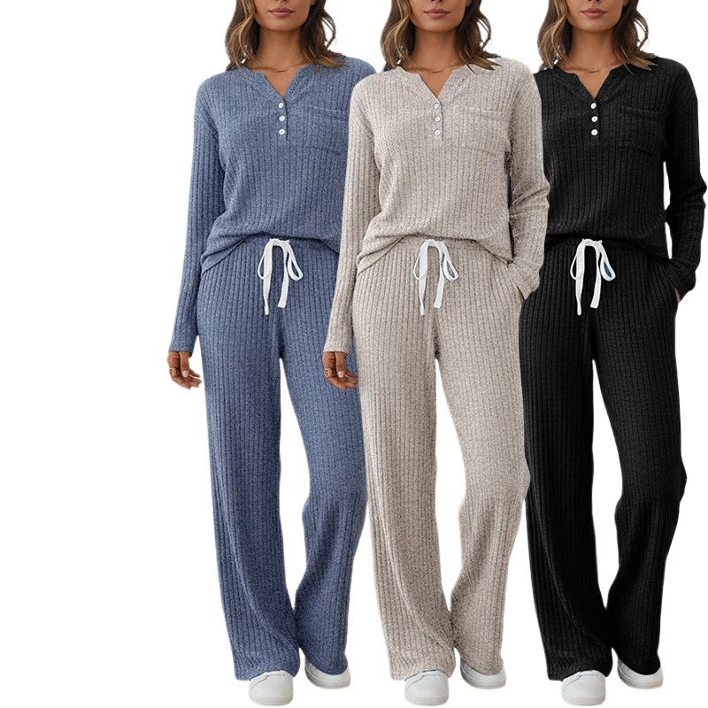 

2-Piece Women's Autumn and Winter Pure Color Sleepwear Causal tied string Women's Simple Long-Sleeved Pants Pajama Set