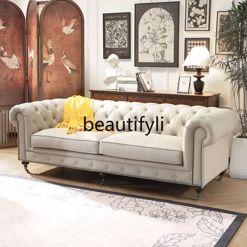 A71 American light retro leather sofa modern simple solid wood cigar cowhide sofa French retro living room