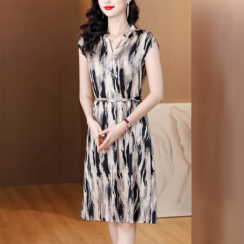 

2025 Summer Water Ink Floral Print Dress Youthful and Trendy Casual Dress for Women Satin V-neck Lace-up High Waist Women Dress