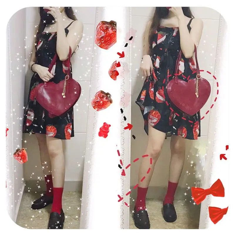 JIAERDI Lolita Heart Jk Shoulder Bag Women Japanese Leather Handle Red Handbag Female Harajuku Sweet Cute Handbags Aesthetic