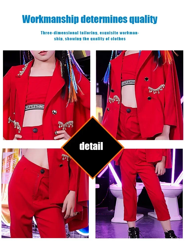 

ZZL Children's Jazz Dress K-pop Red Suit Girls' Dress Urban Dance Girl Fashion Model Catwalk Cool Clothes for Children 3 Pcs