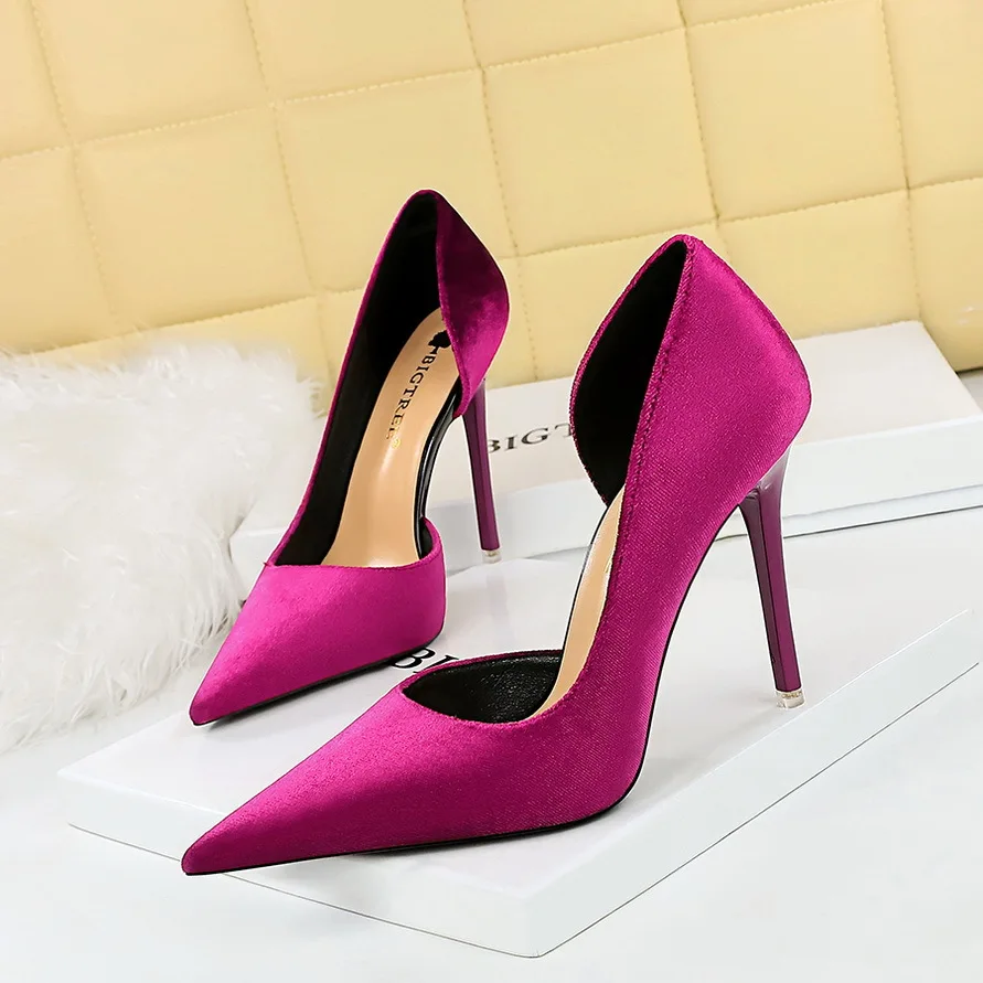 Large Size 34-43 Crystal Bowknot Fashion Women Pumps Autumn Pointed Toe 10.5CM thin  High HeelsDress Shoes