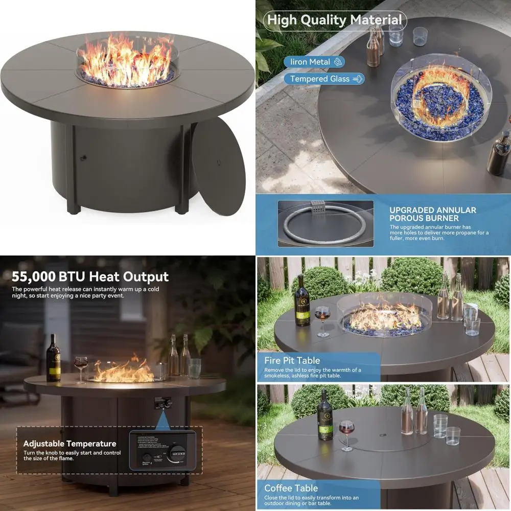 

Kullavik 48-дюймовый стол для костра на пропане с автоматическим зажиганием 55,000 БТЕ, противопожарным стеклом, крышкой и водонепроницаемой крышкой