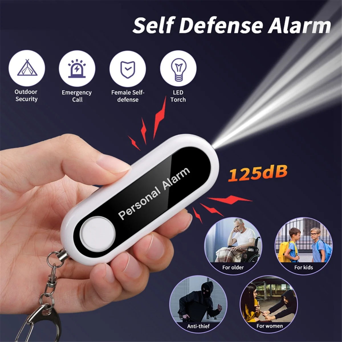 Alarme Pessoal Auto-Defesa Alarme, 125DB, Sirene de Defesas Pessoais para Criança, Segurança Alarme Portátil Keychain