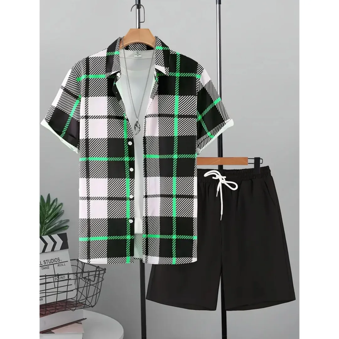 

New Summer Short Sleeve Shirt Shorts Stylish 3D Plaid Printed T-Shirt Comfortable Breathable y2k Men's Plus Size Beach Tracksuit