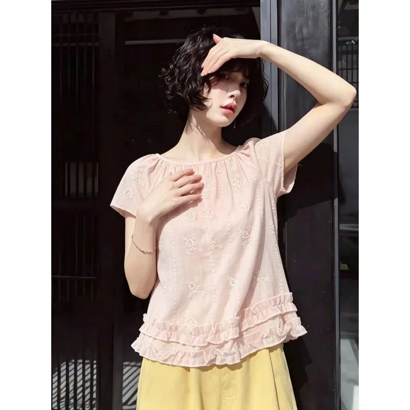 Women Clothes Summer Fashion Casual Solid Color O-neck Simplicity Ruffles Female Embroidered Young Style Short Sleeve Cardigan