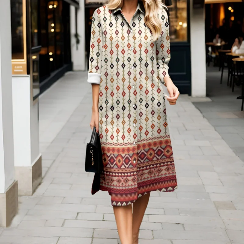 Autumn Floral Print Shirt Dress Women's New Fashion Stand Collar Long Dress Retro Long Sleeve Loose Comfortable Shirt Dress