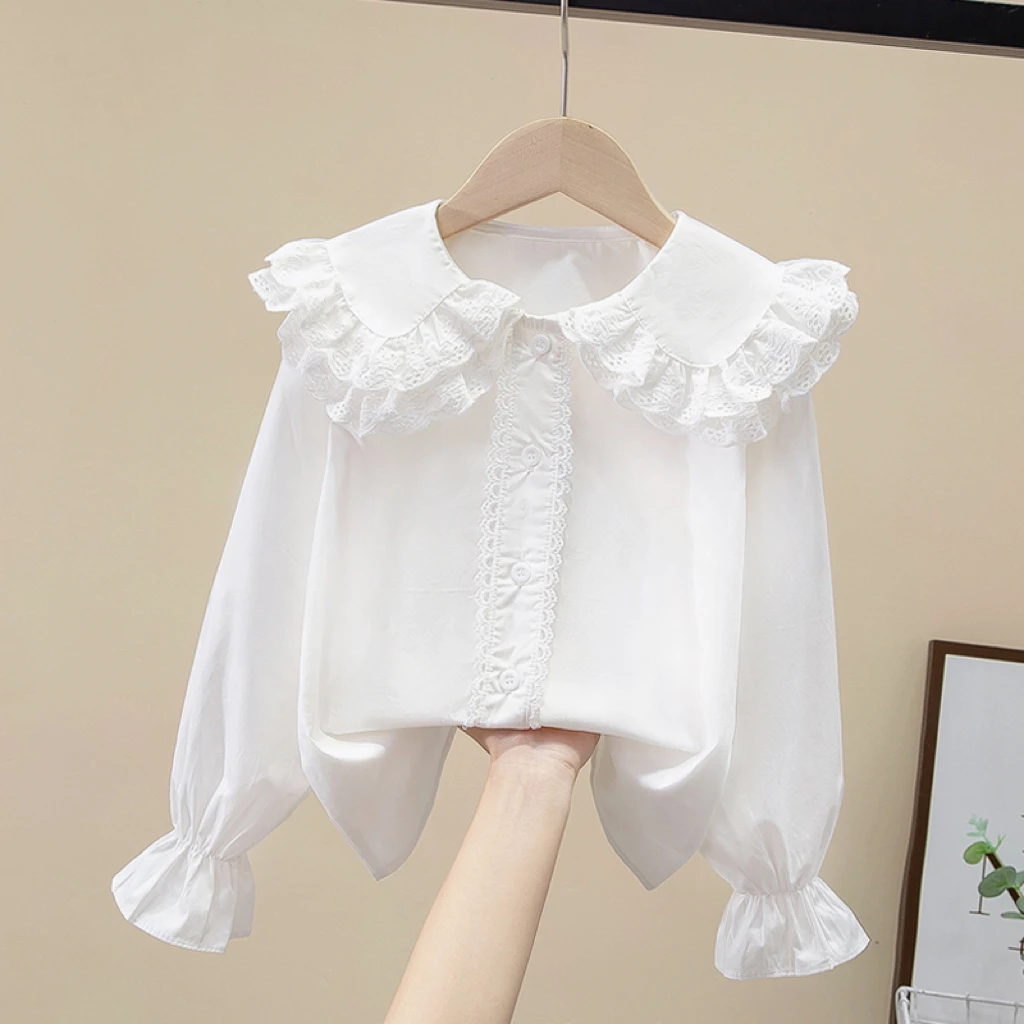 Girls spring and summer white doll collar shirt big kidsren\'s long-sleeved shirt fashionable lace top